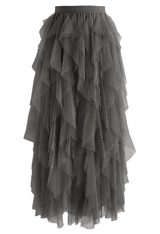 Ruffle Tulle Midi Skirt